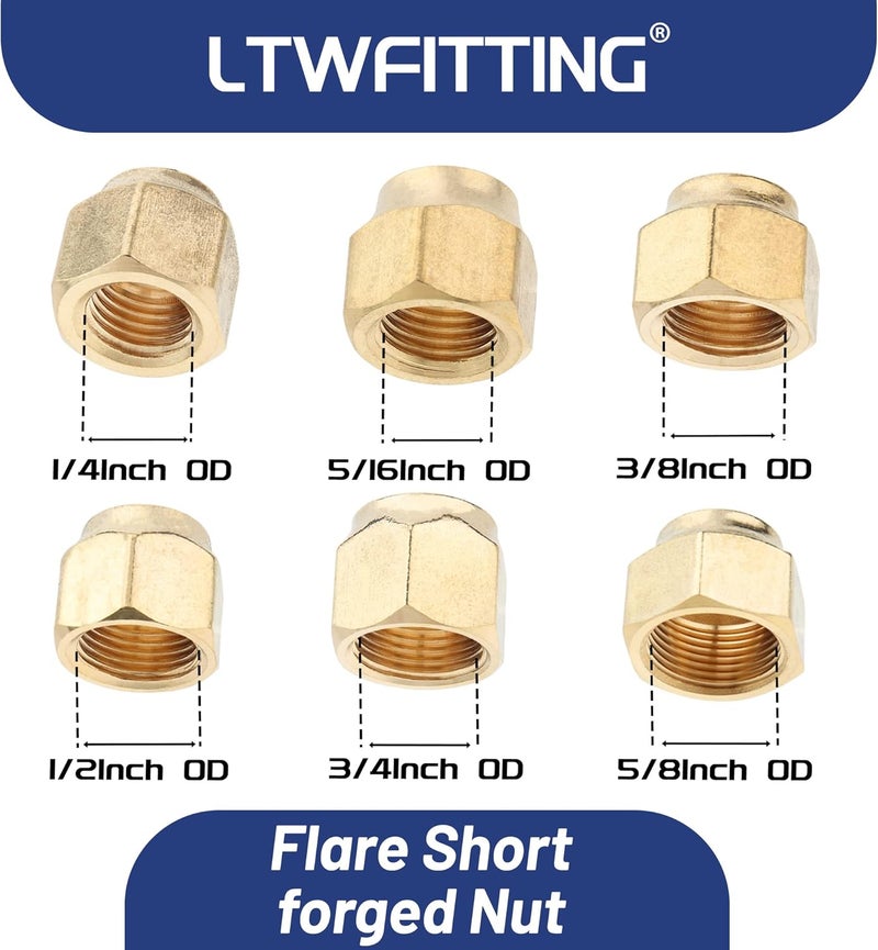 LTWFITTING Assortment Kit Tube OD 1/4-Inch 5/16-Inch 3/8-Inch 1/2-Inch 3/4-Inch 5/8-Inch Brass Flare Short Forged Nut Set(Pack of 30) - Image 2
